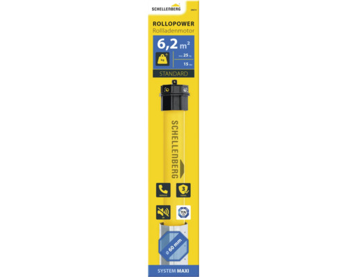 Schellenberg Rollladenmotor mit einer Fläche von 6,2 Quadratmeter, einer maximalen Last von 25 Kilogramm und einem Drehmoment von 15 Newtonmeter