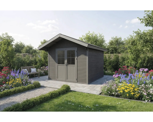 Garten Szene mit Holzgartenhaus, Gartenbank und Blumen