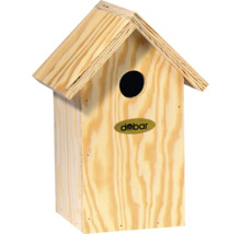 Vogelhaus aus Holz mit rundem Eingangsloch und Dobar Logo
