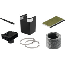 Umluftset für Dunstabzugshauben bestehend aus Aktivkohlefilter, Abluftschlauch, Schlauchschellen, Adapter und Kaminblende.