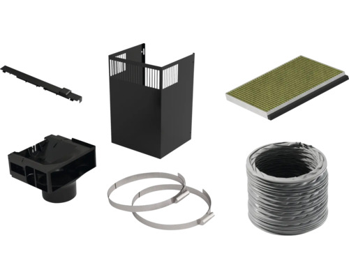 Umluftset für Dunstabzugshauben bestehend aus Aktivkohlefilter, Abluftschlauch, Schlauchschellen, Adapter und Kaminblende.