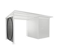 Überdachter Stellplatz mit Seitenwand und Geräteschuppen