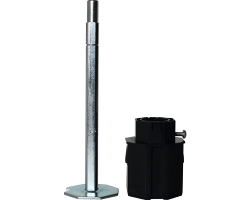 Möbelfuß mit schwarzem Montageteil und silberfarbener Stange