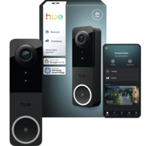 Hue Türklingel mit Kamera, Verpackung und Smartphone-App.