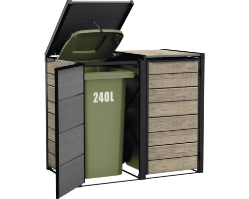Doppel-Mülltonnenbox mit Holzverkleidung und einer geöffneten 240-Liter-Mülltonne