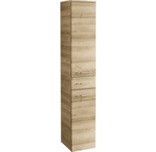 Hochschrank aus Holz mit Schubladen und Metallgriffen für das Badezimmer