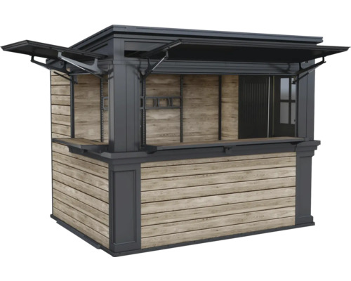 Verkaufsstand aus Holz mit klappbaren Fenstern