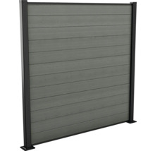 Grauer Sichtschutzzaun mit horizontalen Brettern und schwarzem Rahmen