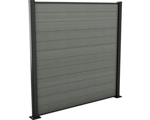 Grauer Sichtschutzzaun mit horizontalen Brettern und schwarzem Rahmen