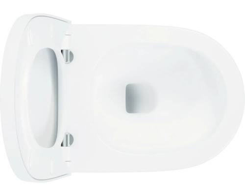 Weisse Toilette mit offenem Toilettendeckel von oben