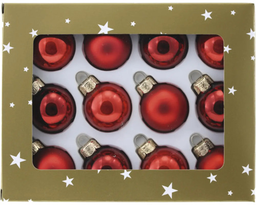 Verpackung mit zwölf roten Christbaumkugeln