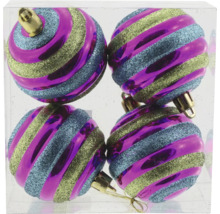 Vier Christbaumkugeln mit Streifenmuster im transparenten Behälter