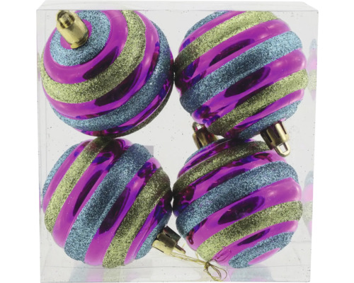 Vier Christbaumkugeln mit Streifenmuster im transparenten Behälter