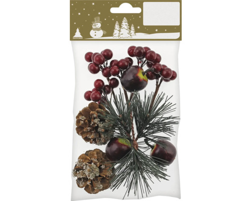 Weihnachtsdekoration mit Beerenzweigen, Tannenzweigen und Tannenzapfen