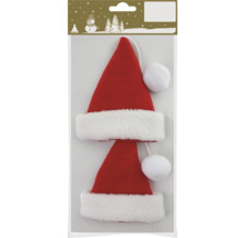 Zwei rote Weihnachtsmannmützen mit weißem Rand und Bommel als Christbaumschmuck