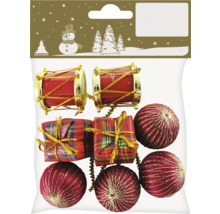 Verpackung mit Christbaumschmuck bestehend aus Trommeln, Geschenken und Kugeln