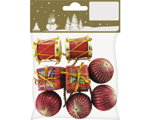 Verpackung mit Christbaumschmuck bestehend aus Trommeln, Geschenken und Kugeln