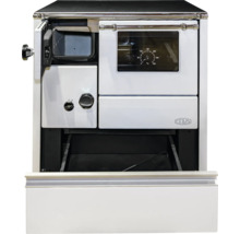 Holzherd mit geöffneter Ofentür und Sichtfenster zur Temperaturanzeige.