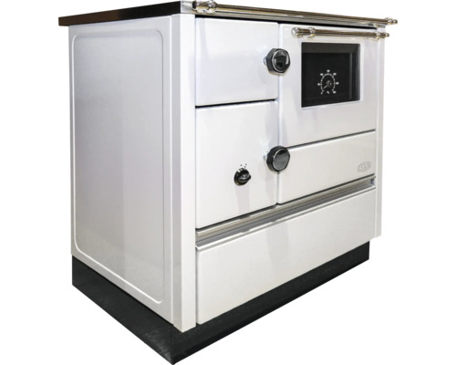 Weißer Holzherd mit Sichtfenster