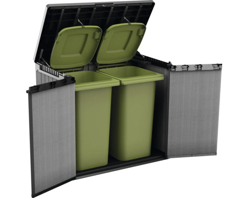 Mülltonnenbox mit zwei grünen Mülltonnen
