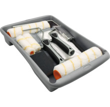 Maler-Set mit Farbroller, Pinsel, Schleifpapier und Farbwanne