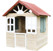 Holzspielhaus mit rotem Dach, weißem Rahmen und grünen Fensterläden