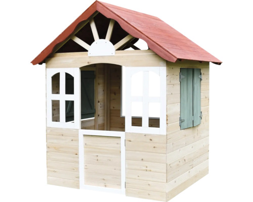 Holzspielhaus mit rotem Dach, weißem Rahmen und grünen Fensterläden