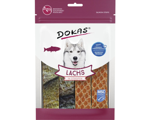 Hundesnack DOKAS Lachs in Streifen 100 g Kauartikel, Trainingssnack DOKAS Lachsstücke für Hunde in wiederverschliessbarer Verpackung