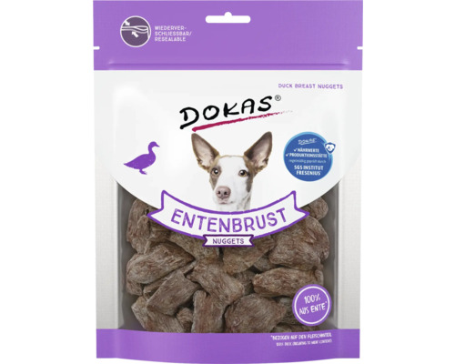 Hundesnack DOKAS Entenbrust Nuggets 110 g Kauartikel, Trainingssnack DOKAS Entenbrust Nuggets für Hunde in wiederverschließbarer Verpackung