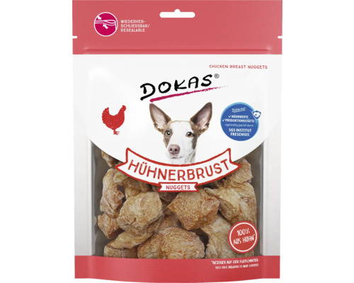 Hundesnack DOKAS Hühnerbrust Nuggets 110 g DOKAS Hühnerbrust Nuggets in wiederverschließbarer Verpackung mit Hundebild