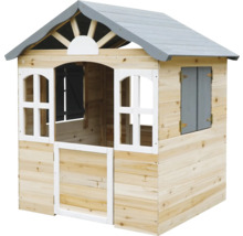 Holzspielhaus für Kinder mit Fensterläden und grauem Dach