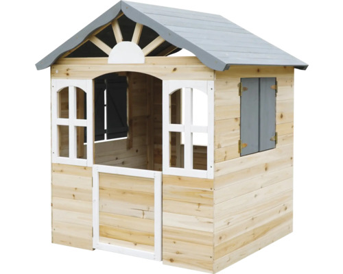 Holzspielhaus für Kinder mit Fensterläden und grauem Dach