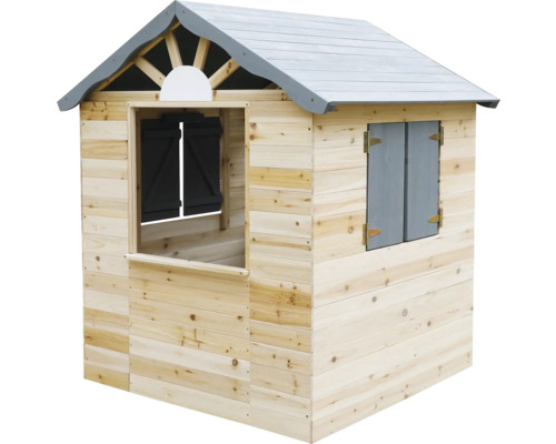 Spielhaus aus Holz mit Dach und Fensterläden