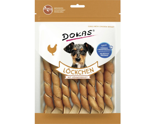 Hundesnack DOKAS Löckchen Hühnerbrust 120 g DOKAS Löckchen mit Hühnerbrust Hundesnack, wiederverschließbare Verpackung