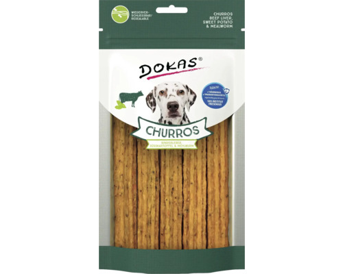 Hundesnack DOKAS Churros mit Leber 150 g Dokas Churros für Hunde mit Rinderleber, Süßkartoffel und Mehlwurm in wiederverschließbarer Verpackung