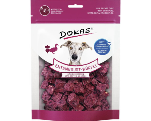 DOKAS Hundesnack Entenbrustwürfel mit Kichererbsen, Rote Beete und Kokosöl in wiederverschließbarer Verpackung