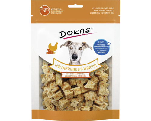 Dokas Hühnerbrust Würfel Hundesnack in wiederverschließbarer Verpackung