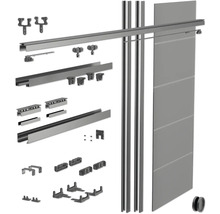 Schiebetürsystem mit Schiene, Rollen und Befestigungsmaterial.