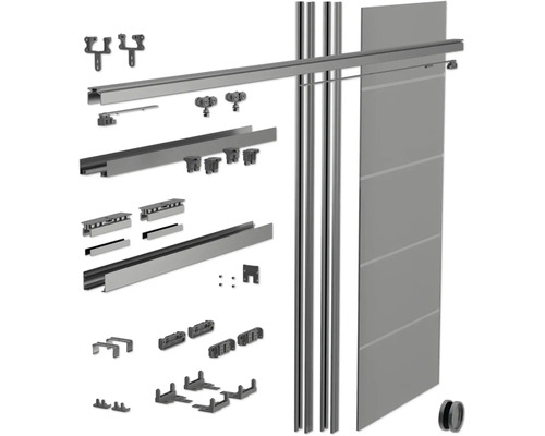 Pertura Skugga Schiebetürsystem in der Wand laufend CW75/100 inkl. Glastür 860x1985 mm ESG 4-Streifen Schiebetürsystem mit Schiene, Rollen und Befestigungsmaterial.