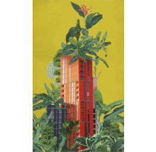 Illustration eines Hochhauses umgeben von Pflanzen