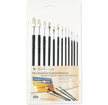 Zwölfteiliges Pinselset mit flachen Naturborsten in einer Verpackung