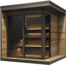 Moderne Gartensauna aus Holz mit großer Glasfront und beleuchteten Innenbänken auf mehreren Ebenen.