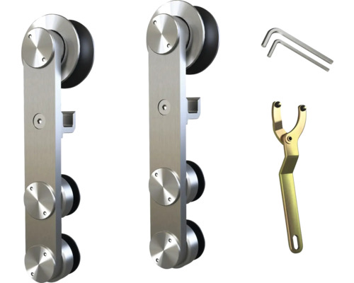 Zwei Schiebetürbeschläge aus Metall mit Zubehör