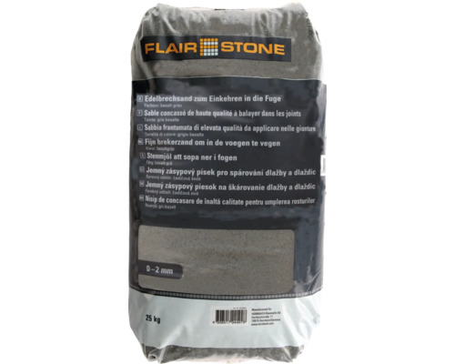 Sack mit Pflasterfugensand in Basaltgrau mit einem Korngrößenbereich von 0 bis 2 Millimeter und einem Gewicht von 25 Kilogramm