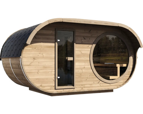 Ovale Aussensauna aus Holz mit Glastür, grossem Rundfenster und dunklem Schindeldach.