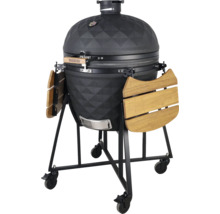 Schwarzer Keramikgrill auf Rollen mit Holzablagen