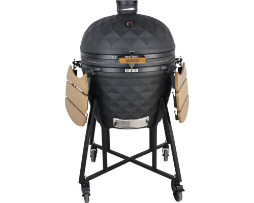 Keramikgrill auf Rollen mit zwei Holzablagen