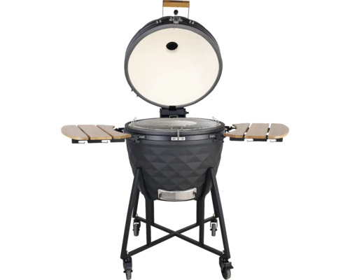 Keramikgrill mit offenem Deckel und zwei Ablageflächen