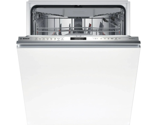 Offener Bosch Geschirrspüler mit Edelstahlelementen und Innenraum mit Geschirrkörben