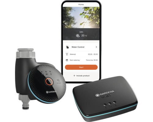Gardena Smart System bestehend aus Steuergerät, Gateway und Smartphone mit App zur Gartenbewässerung